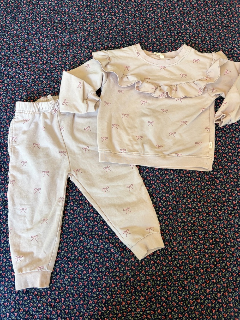 Quincy Mae Lilac Bow Print Ruffle Sweatshirt & Jogger Set
